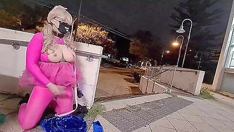 Leashed Pink Slut Flashes And Cums In Public