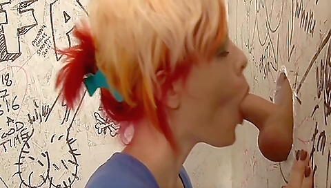 Blonde Trans Slut Aubrey Kate Sucked Throught A Gloryhole Before Fucking Pussy